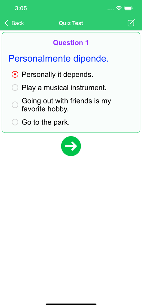 Learn Italian Phrases Premium - A multiple choice quiz screen in the Learn Italian Phrases Premium app showing a translation question for the phrase Personalmente dipende.