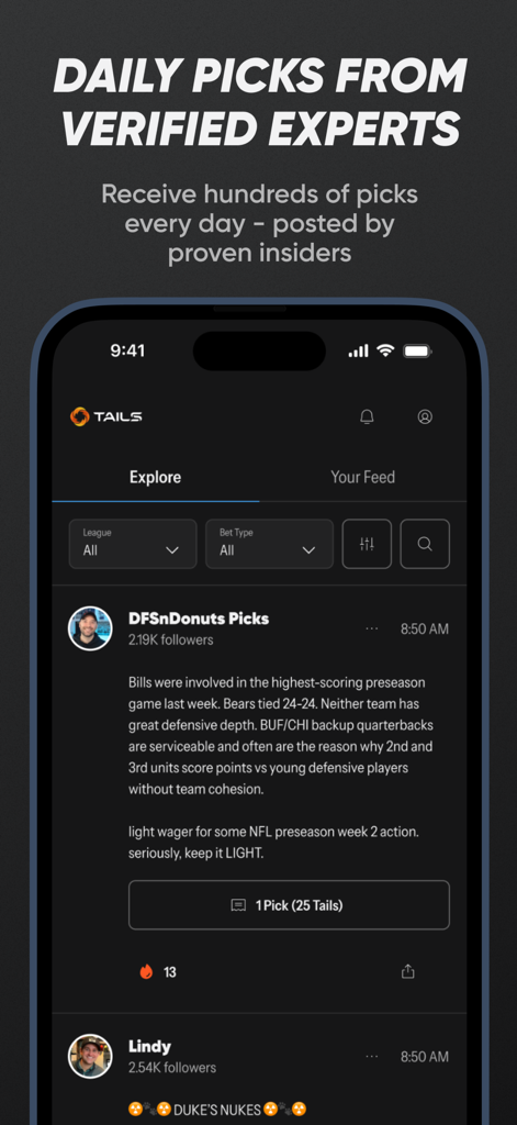 Tails - Expert Picks - 테일즈 앱 인터페이스, 검증된 전문가들의 일일 스포츠 베팅 픽 및 분석 피드 표시