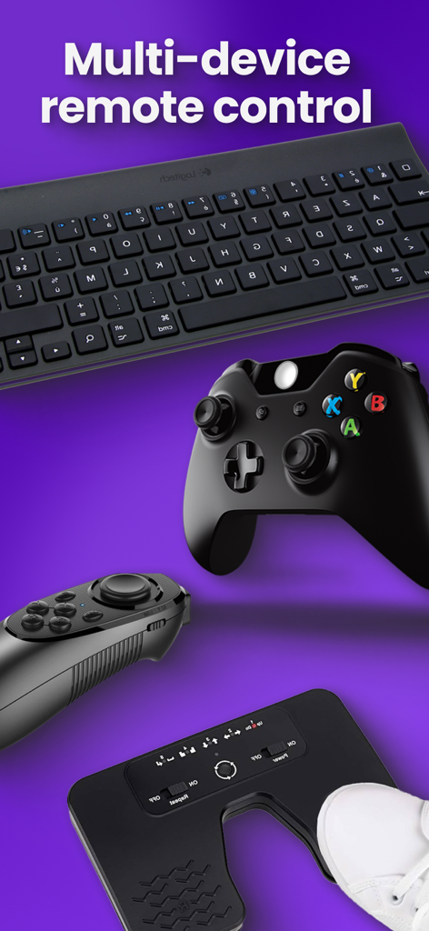 Vários dispositivos de controle remoto incluindo um controle de videogame e um pedal para o aplicativo de teleprompter