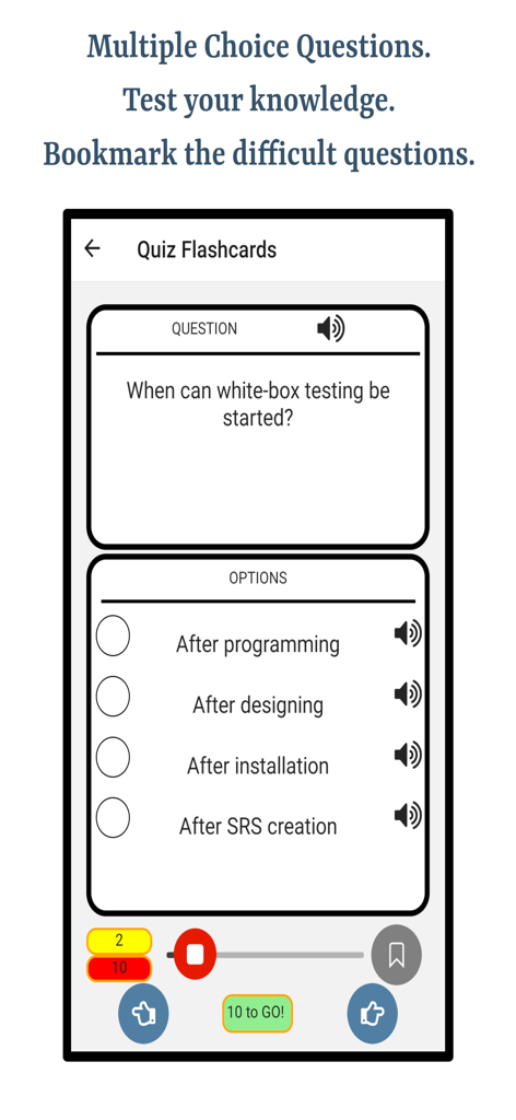 Learn Software Engineering - Software engineering quiz interface showing a multiple choice question about white-box testing with audio support