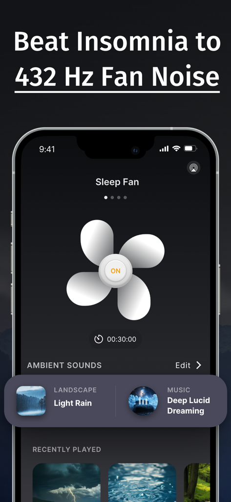 Tap Fan Noise for Sleep - Interfaz de smartphone de la aplicación Tap Fan Noise que muestra un icono de ventilador y opciones de sonido ambiental para dormir