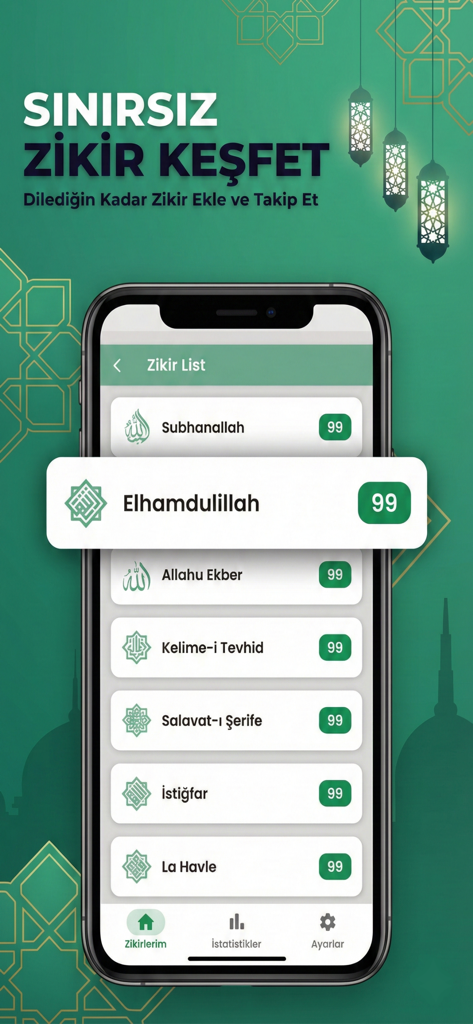 Dhikr list screen in the Zikirmatik app showing various Islamic prayers with counters