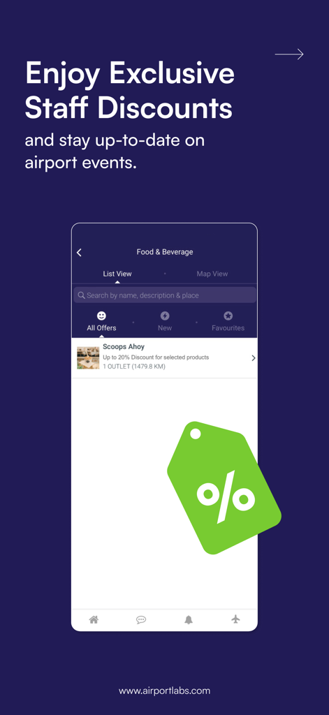 Airport Community app interface displaying exclusive airport employee discounts for food and beverages