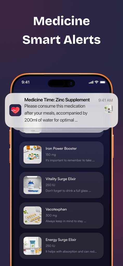 Pulse Care app screen showing medication smart alerts and a supplement notification