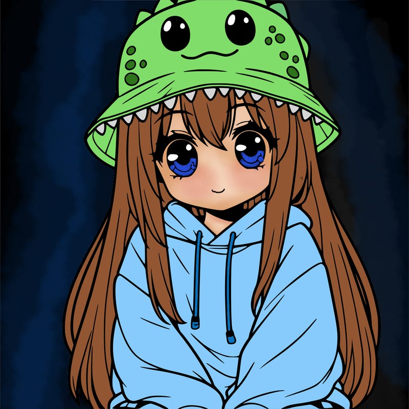 girl with anime shaped eyes with a dinosaur bucket hat oversized sweatshirt long straight hair