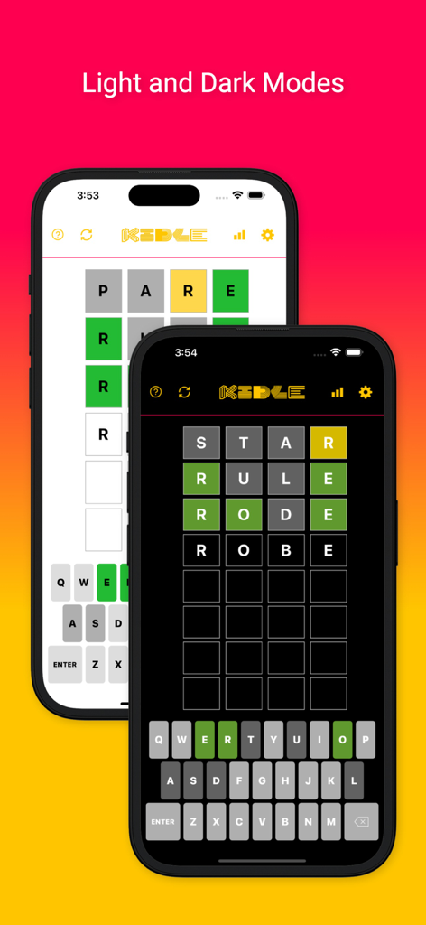 Kidle - Interfaccia del gioco di parole Kidle per bambini mostrata in modalità chiara e scura sugli schermi degli smartphone.