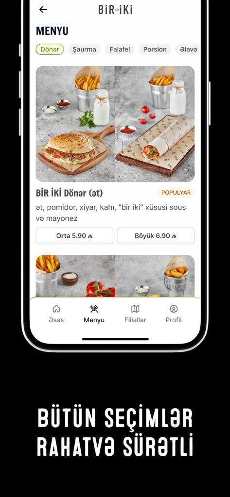 Bir İki Doner Shop - A mobile application interface for Bir Iki Doner Shop showing a digital menu with meat doner options, meal photos, and prices.