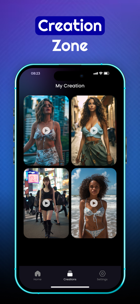 Twerk Video Generator: Twerky - Capture d'écran de l'écran Mes Créations dans l'application Twerky montrant une grille de quatre miniatures de vidéos générées par IA.
