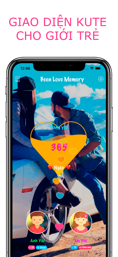 Been Love Memory -Love Counter - Been Love Memory app interface showing 365 days together counter with couple avatars and background.