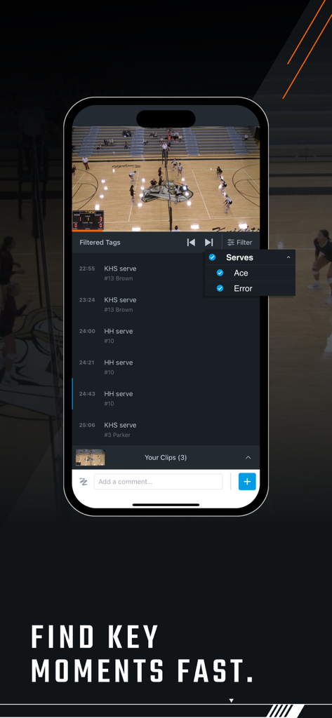 Hudl - Interfaz de la aplicación Hudl mostrando etiquetado y filtrado de vídeo para un partido de voleibol