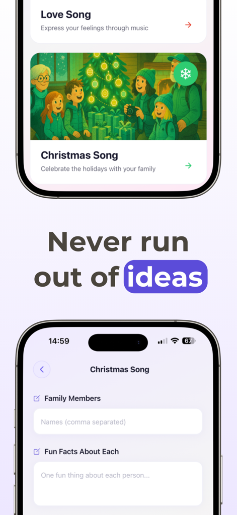 AI Singer app interface showing options to create personalized Christmas and love songs