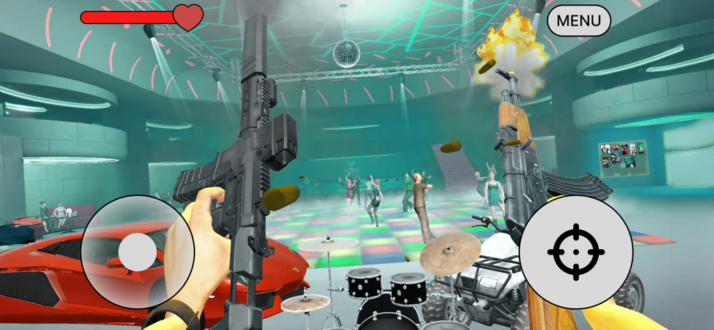 First person combat gameplay in a neon nightclub with weapons and dancers
