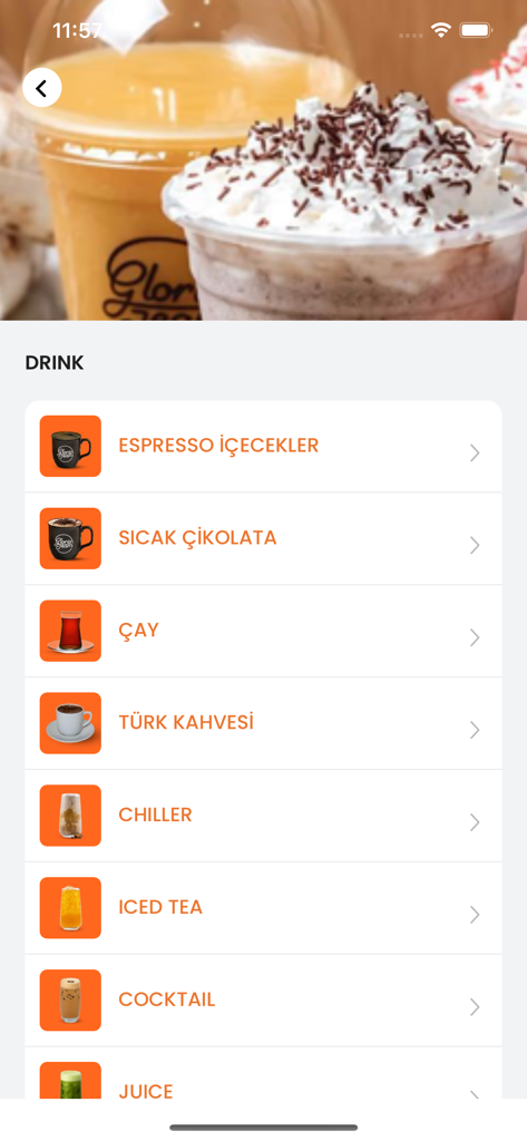 Gloria Jean’s Coffees N.Cyprus - Application Gloria Jeans Coffees North Cyprus montrant les catégories de boissons comme expresso chocolat chaud thé et café turc