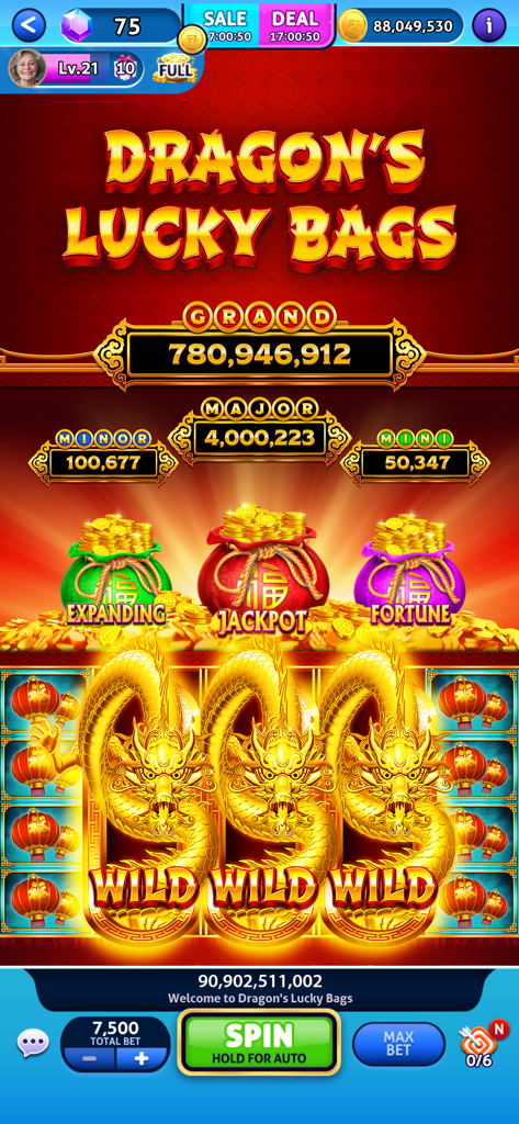 Jackpot Madness Slots Casino - Jackpot Madness Slots game interface showing the Dragon Lucky Bags theme with golden dragon wild symbols and large jackpot amounts