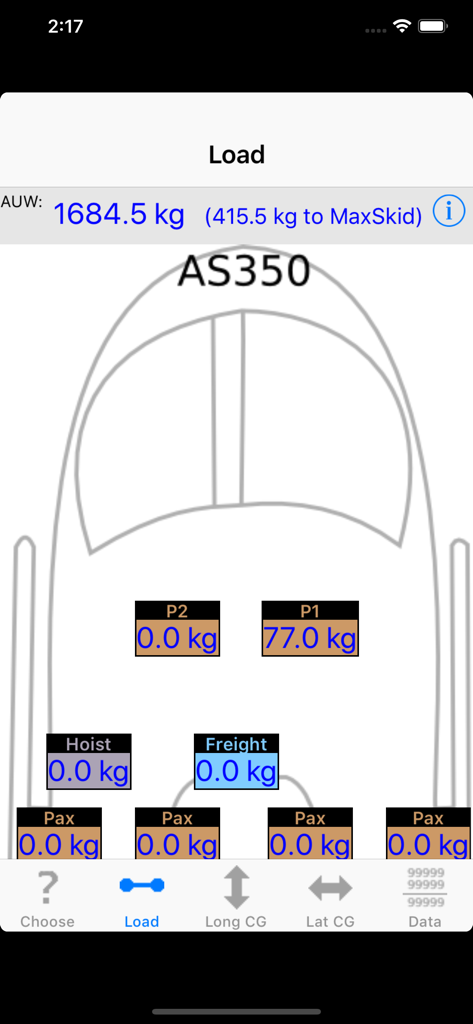 iBal Rotary - iBal Rotary 앱 인터페이스에 조종사 및 승객 중량이 포함된 AS350 헬리콥터 객실의 중량 분포가 표시됩니다.