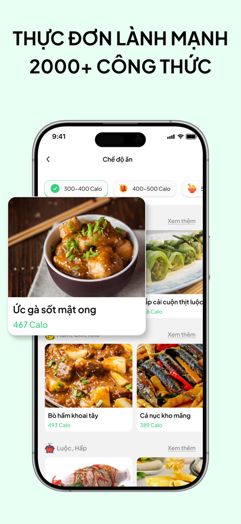 Interfaccia dell'app Eatsy che visualizza una varietà di ricette vietnamite salutari con conteggio calorico come pollo glassato al miele e stufato di manzo