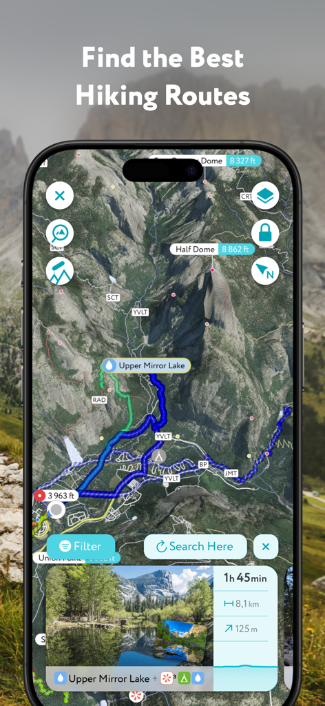 PeakVisor mobile app displaying 3D hiking routes and trail information for Half Dome