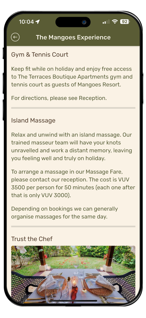 Mangoes Resort - Schermata dell'app Mangoes Resort che mostra i servizi per gli ospiti, tra cui l'accesso alla palestra, massaggi sull'isola e ristorazione