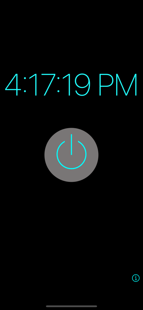 Interface do aplicativo lanterna com um grande relógio digital ciano e um botão de ligar central em um fundo escuro