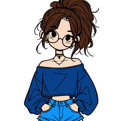 girl with a messy ponytail glasses a baggy crop top and jean shorts