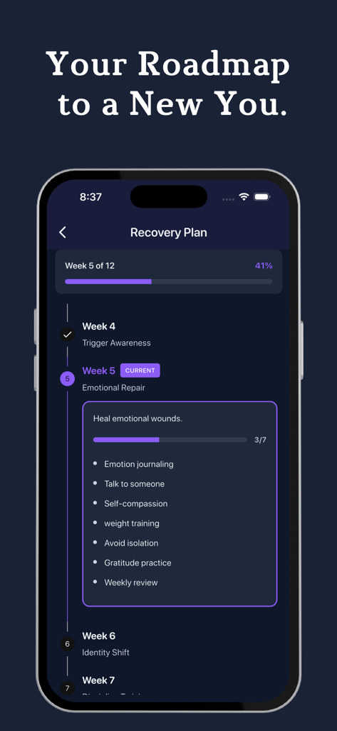 Rewire - Quit porn addiction - A mobile app interface showing a 12 week recovery roadmap with progress bars and habit checklists for emotional repair and trigger awareness