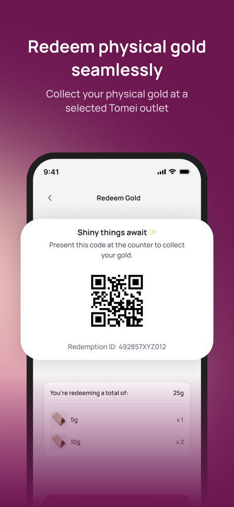 Tomei GoldNow app interface showing a QR code for seamless physical gold redemption at a Tomei outlet.