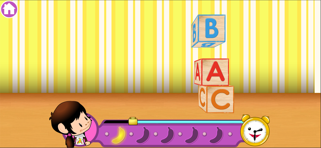 Zuzu's Bananas - Educational game screen featuring Zuzu the monkey and stacked alphabet blocks.