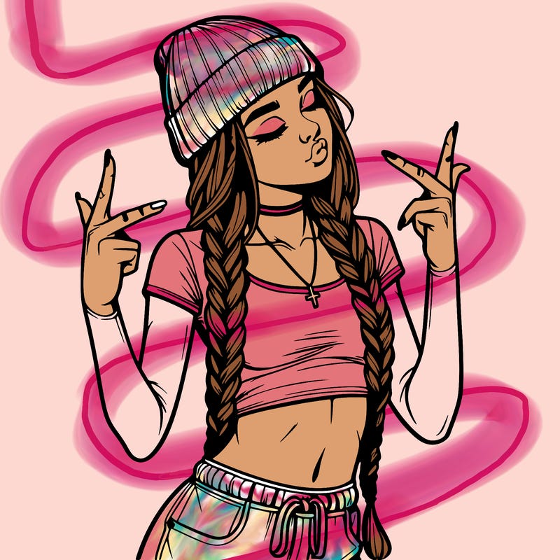 realistic teenage girl with braids and a beanie and crop top doing 🫶🏼