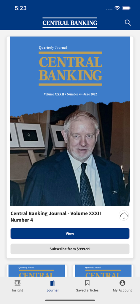 Central Banking - Central Banking app journal screen showing Volume 32 and subscription button