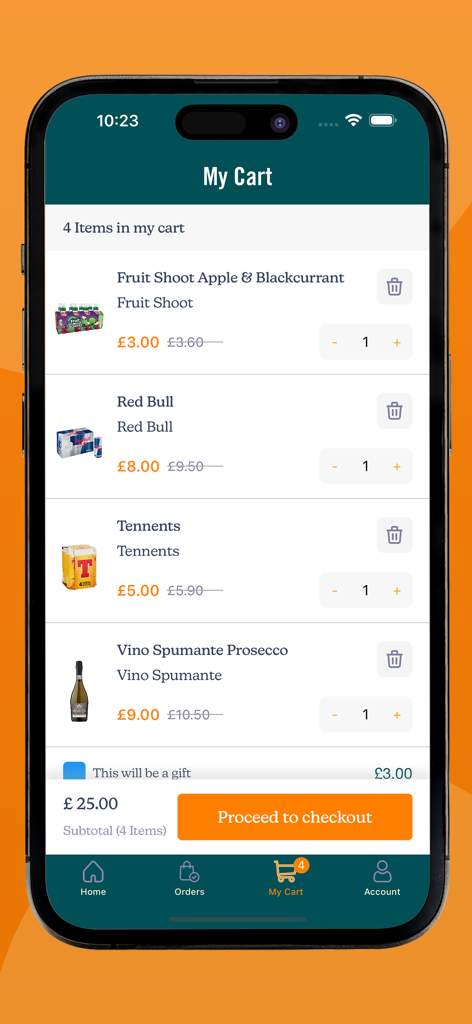 Zoom Drinks Delivery - The shopping cart screen of the Zoom Drinks Delivery app showing a variety of alcoholic and soft drinks ready for checkout