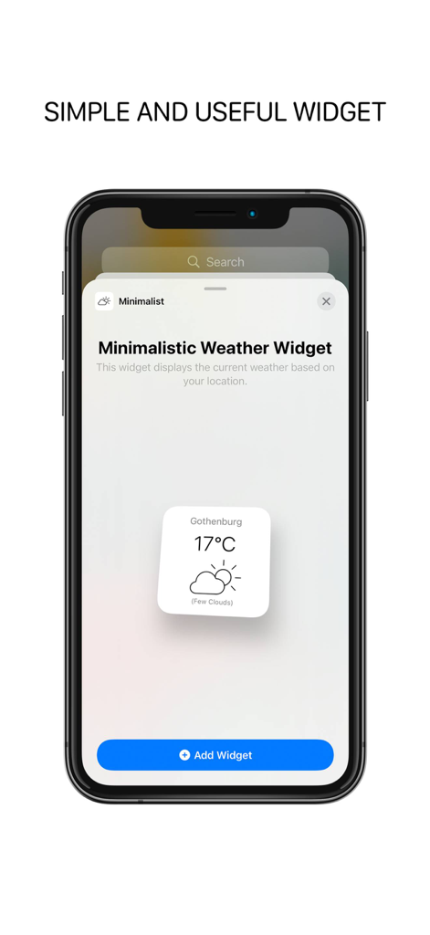 Preview of the Minimalistic Weather App widget on an iPhone screen showing temperature and weather conditions.