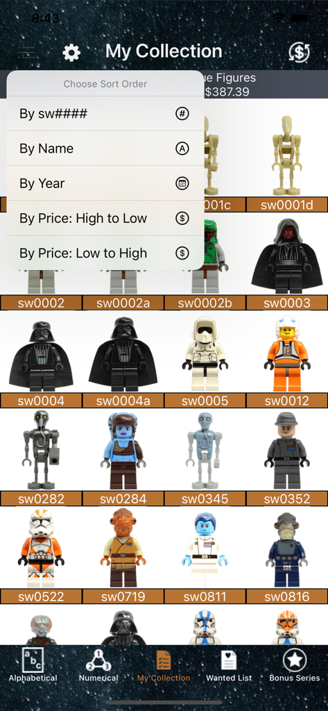 Sorting menu in the LSW Collector app showing options to organize LEGO Star Wars minifigures by price name and year