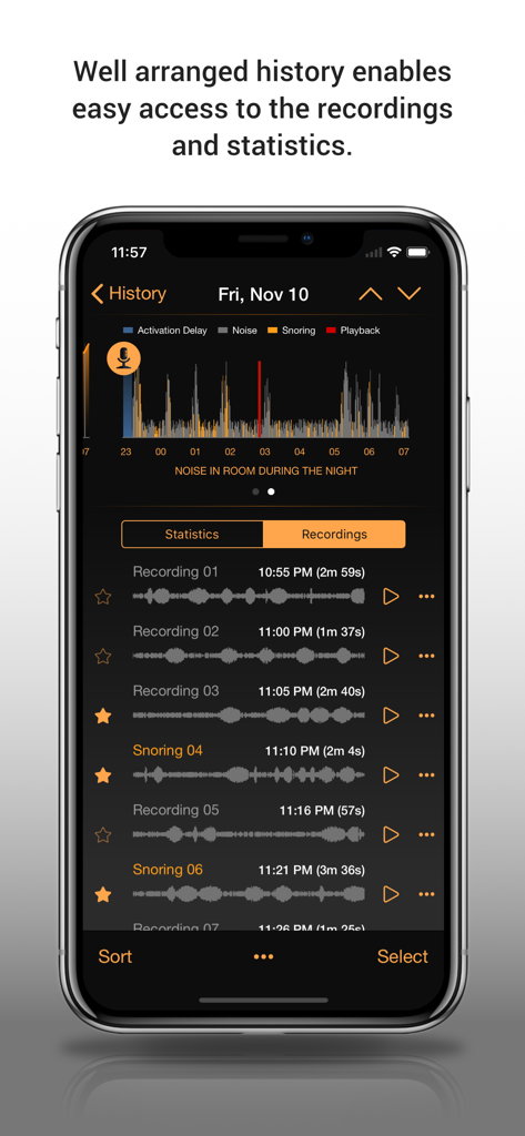 Sleep Tracker: Snore Recorder™ - A mobile interface showing a detailed night noise graph and a list of snore recordings with timestamps