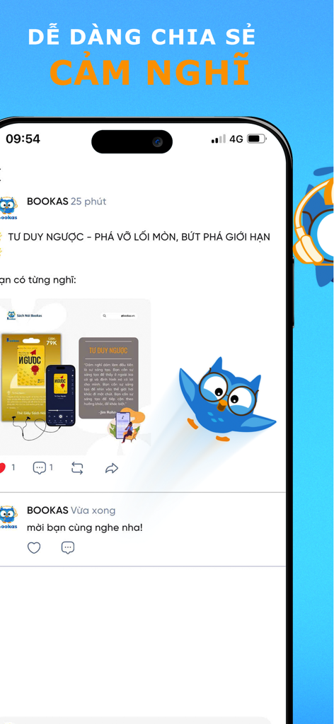Bookas - Sách nói & Truyện - A smartphone interface of the Bookas app social feed showing a user post about an audiobook with options to like and comment in Vietnamese.