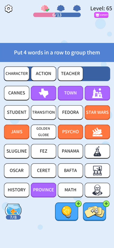 Association Sort -Connect Word - Gameplay screenshot of Association Sort showing a grid of word tiles and icons for an expert level puzzle.
