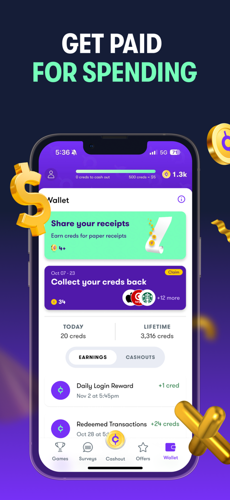 Mobile app interface for Copper Rewards showing receipt sharing and daily login points.