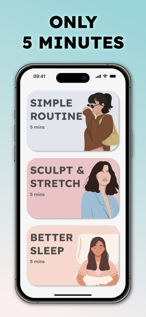 Simple Face Yoga • - Pantalla de smartphone de la aplicación Yoga Facial Simple que muestra tres opciones de rutinas de ejercicios faciales que duran cinco minutos cada una