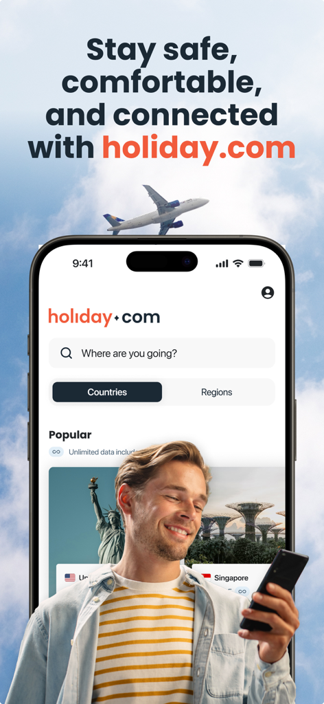 Teléfono inteligente que muestra la interfaz de la aplicación holiday.com para datos de eSIM de viajes internacionales
