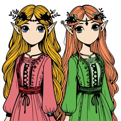 two elf girls, their long hair flowing, delicate, pointed ears twitching. they're decked out in traditional elven clothes, fabrics woven with forest flora patterns. their faces are serene, curious, and reverent