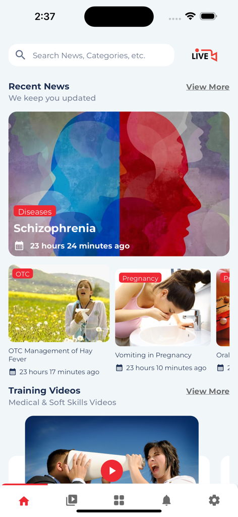 Nexus App - Nexus app home screen displaying medical news articles and training video sections.