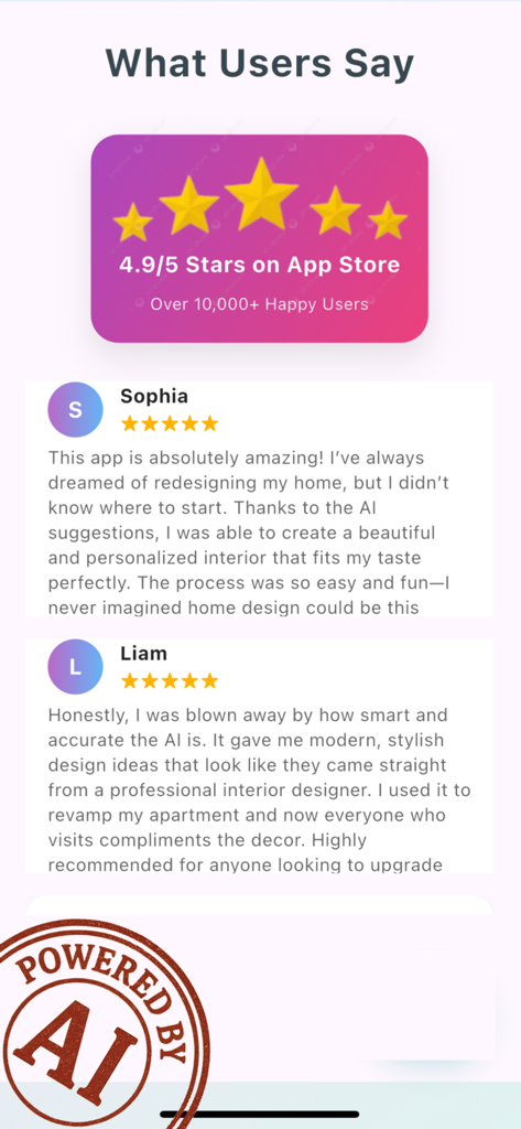 rerender : AI Interior Design - Reseñas de la App Store y testimonios positivos de la aplicación de diseño de interiores con IA rerender