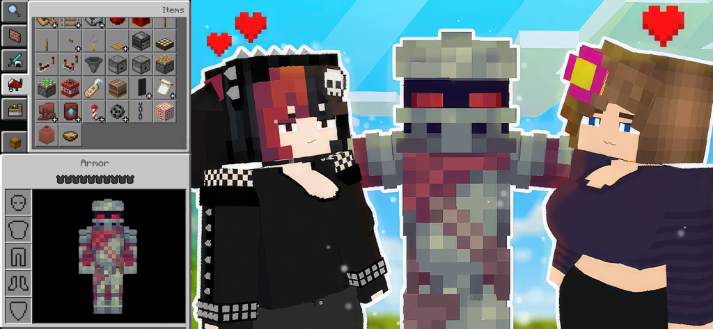 Addons for Minecraft World - Una vista previa de varias skins de personajes personalizadas de Minecraft e inventario de la aplicación Addons for Minecraft World.