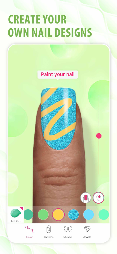 YouCam Nails app interface showing a virtual finger being painted with blue glitter and a yellow wave pattern.