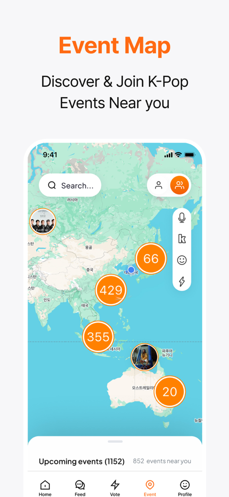 Kooky app interface showing a global map with locations of K-pop fan events