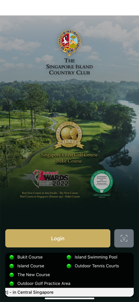 SICC - Login screen of the SICC mobile app with a scenic golf course background and facility status list
