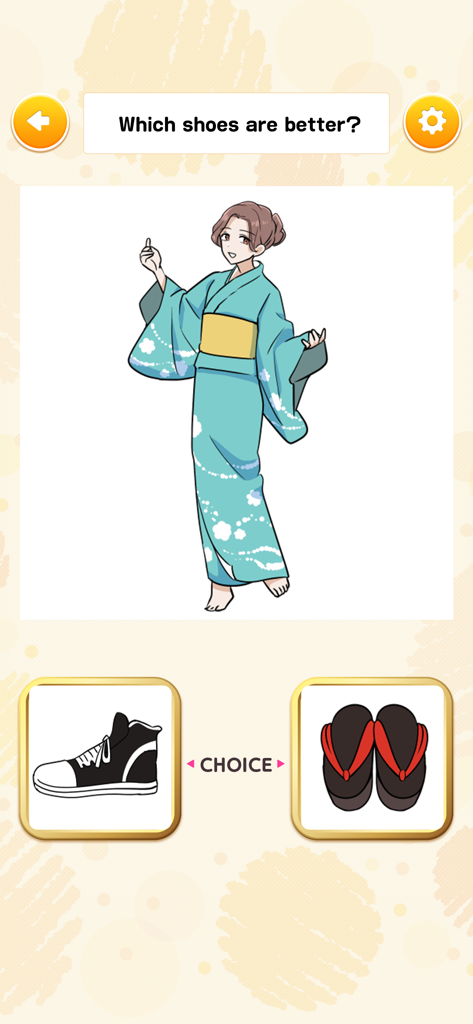 Dress Up and Happy Life - A game screenshot showing a girl in a blue kimono with a choice between sneakers and traditional sandals