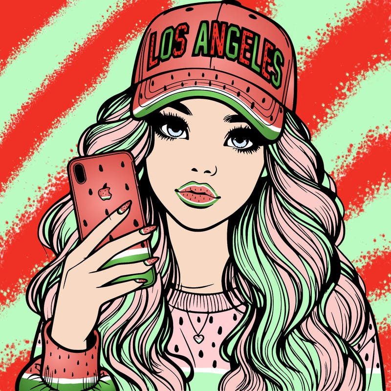 realistic beautiful girl wearing los ángeles cap holding an iphone