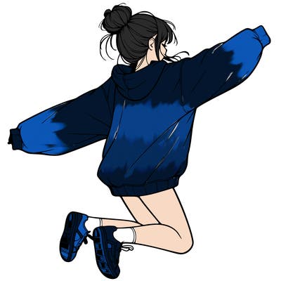 realistic girl jumping with a bun and oversized sweatshirt