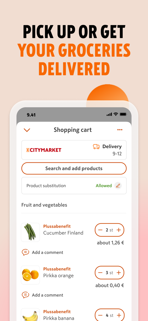 K-Ruoka-App-Warenkorb mit Lebensmitteln und Lieferoptionen