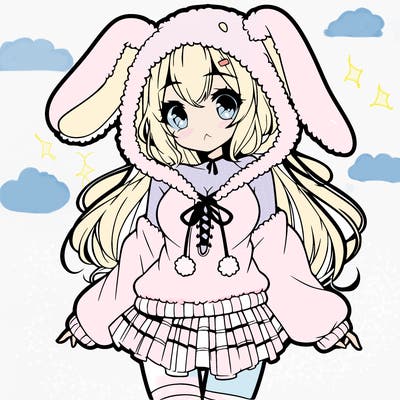 pretty anime girl wearing a fluffy hoodie with bunny ears on the hood and a skirt